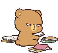 a teddy bear is sitting on the floor reading a book surrounded by books .