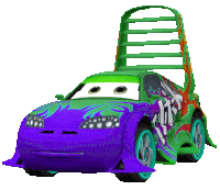 a purple and green toy car with a ladder on the back of it