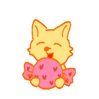 a drawing of a cat holding a pink candy with hearts on it