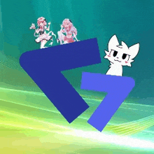 a white cat is standing next to a blue arrow with two girls on top of it