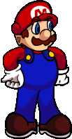 a cartoon drawing of mario wearing overalls and a red hat with a letter m on it