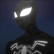 a drawing of a black spider man with white eyes