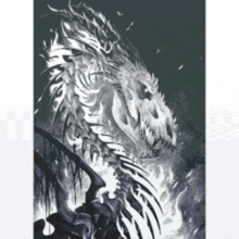 a black and white drawing of a dragon with flames coming out of its mouth