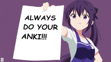 a girl with purple hair is holding a sign that says " always do your anki !!! "