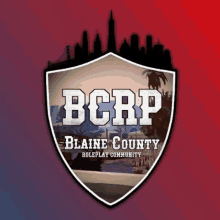 a blaine county roleplay community logo with a city skyline in the background