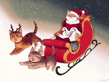 a drawing of santa claus in a sleigh with two cats pulling him