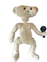 a white teddy bear is holding a microphone and has a blue nose