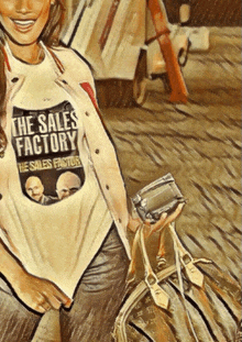 a woman wearing a white shirt that says the sales factory