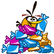 a cartoon bird is sitting on a pile of candy