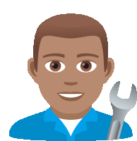 a man in a blue shirt holds a wrench