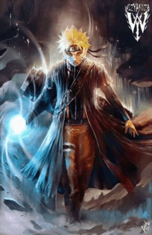 a painting of naruto from the anime naruto holding a glowing object .