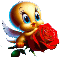 a tweety bird is holding a red rose