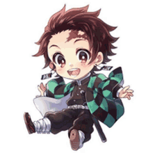 a chibi drawing of a boy in a plaid jacket and pants holding a sword .