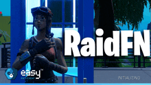 a video game character is standing in front of a blue wall that says raiden