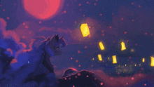 a painting of a unicorn looking at a lantern in the sky