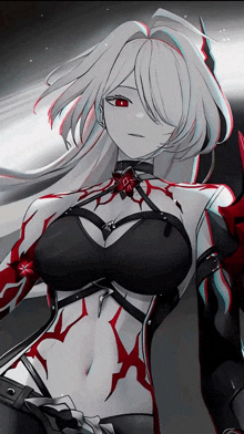 a girl with long white hair and red eyes is wearing a black top