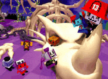 a group of cartoon characters are standing around a large skull with the number 13 on it .