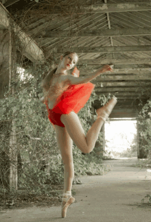 a ballerina in a red tutu and pointe shoes