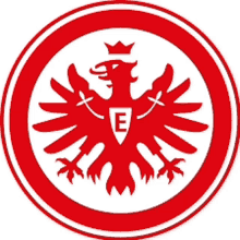 a red and white circle with an eagle and the letter e in the middle