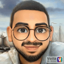 a man with glasses and a beard is smiling in front of a sailboat