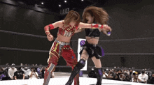 two women are wrestling in a wrestling ring .