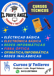 an advertisement for cursos y talleres shows a blue background