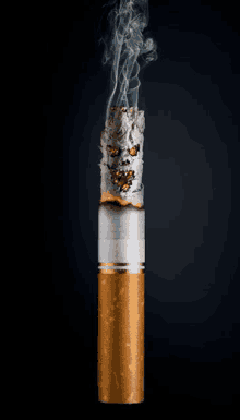 a close up of a cigarette with smoke coming out of it on a black background