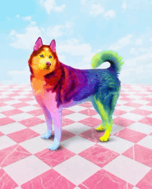 a colorful dog standing on a pink and white checkered floor