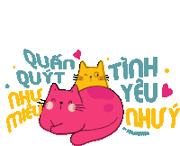 a pink cat and a yellow cat are laying next to each other with the words quan quyt written on the bottom