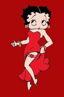 betty boop is dancing in a red dress with a heart on her leg .