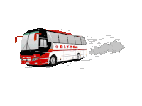 a cartoon drawing of a red and white bus that says blybco on the side