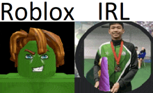 a picture of a hulk and a picture of a man with a medal around his neck that says roblox irl