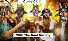 a group of people with goat faces toasting with beer glasses