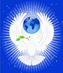 a white dove holding a green branch with a globe in its beak