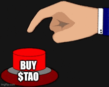 a hand is pressing a red button that says buy stao on it