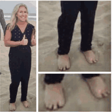 a woman in a black jumpsuit is giving a thumbs up next to a picture of her bare feet