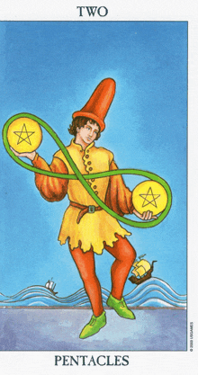 a tarot card with a man holding two pentacles