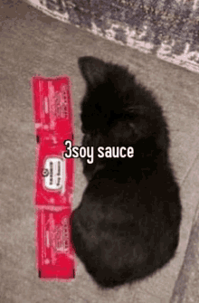 a black cat is laying on the floor next to a packet of soy sauce .