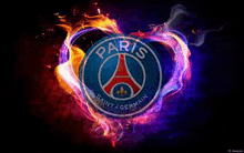 the paris saint germain logo is surrounded by a heart of flames .