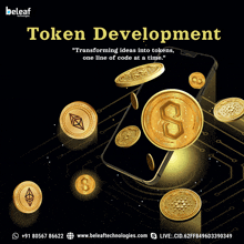 a poster that says token development with a phone and coins