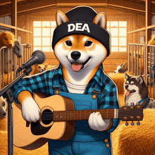 a dog wearing a hat that says dea is holding a guitar in front of a microphone