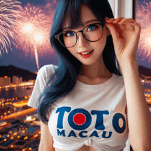 a girl wearing glasses and a toto macau t-shirt