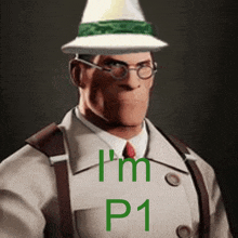 a man wearing a hat and glasses with the words i 'm p1 written on the bottom