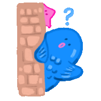 a cartoon drawing of a blue fish peeking out from behind a brick wall with a question mark above its head