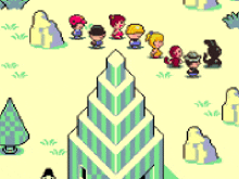 a group of people are standing around a tall building in a pixel art game