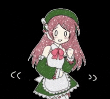 a cartoon girl with long red hair is wearing a green and white dress and a green hat .