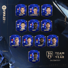 a poster for the fifa 22 team of the year features players such as messi and lewandowski