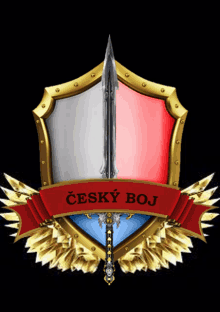 a shield with a sword and a red banner that says czech boj