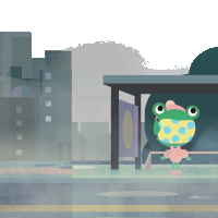 an illustration of a frog wearing a polka dot jacket waiting at a bus stop