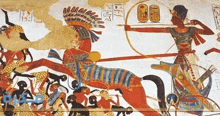 a painting of a man holding a bow and arrow standing next to a horse and a group of people .